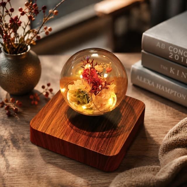Illuminated floral globe lamp floating over a wooden base