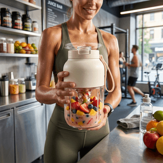 Woman holding a portable blender filled with fruit at a gym smoothie bar