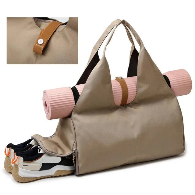 Taupe gym tote carrying a pink yoga mat, with shoes in its separate zippered compartment