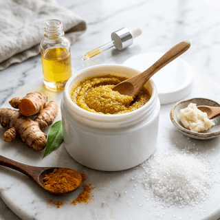Golden turmeric scrub in a white jar with a wooden spoon, turmeric roots and a bottle of oil