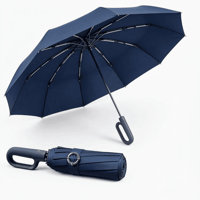 Navy umbrella shown open and folded, with a ring-buckle strap and loop handle